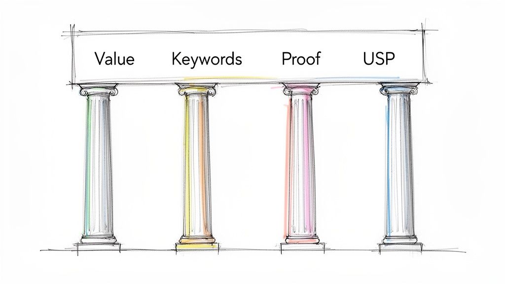 Four classical pillars support a beam labeled Value, Keywords, Proof, and USP, representing strategic foundations.
