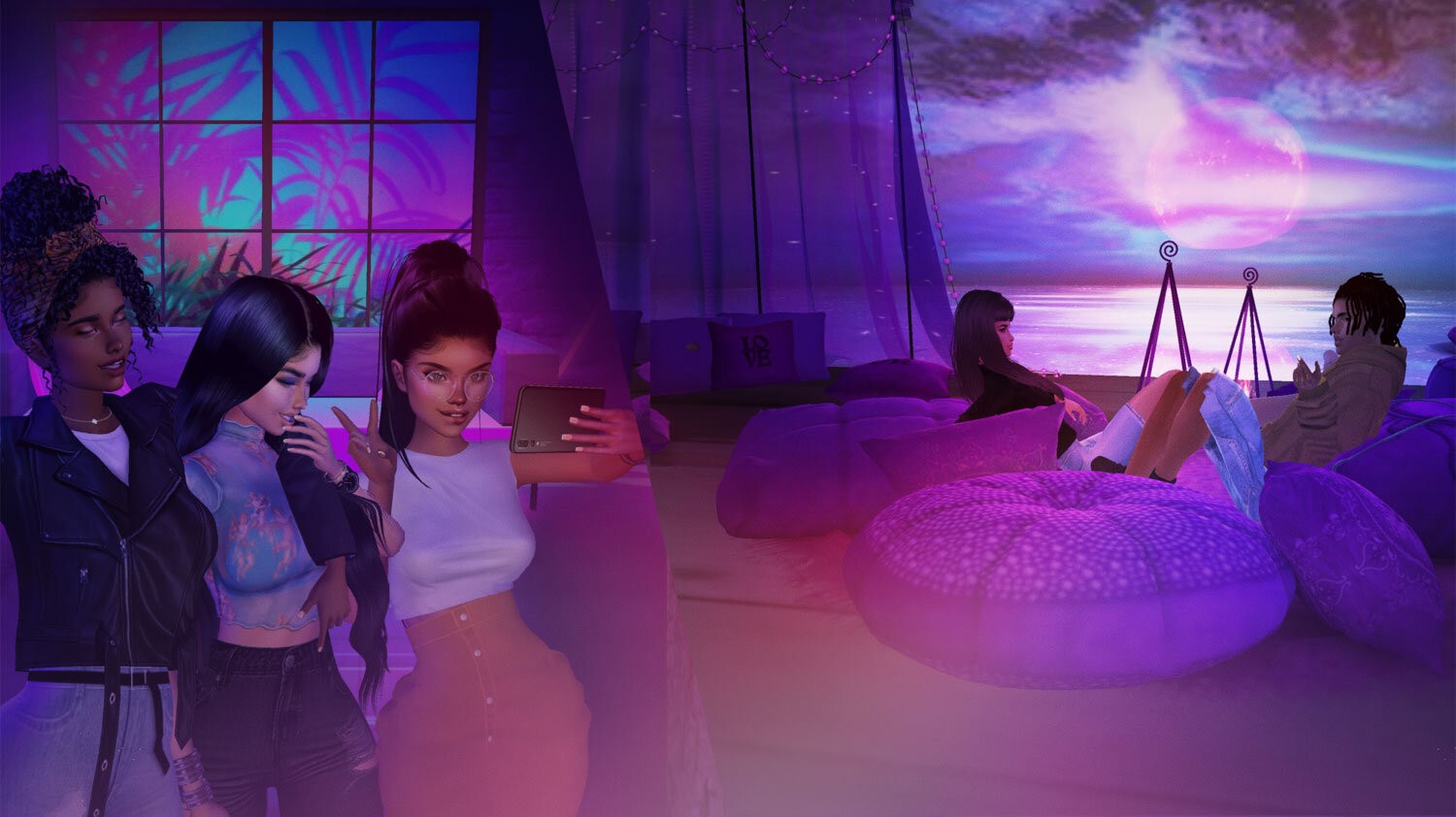 Avatar characters in a purple-lit virtual lounge taking a selfie and sitting on bean bags in a metaverse social setting.