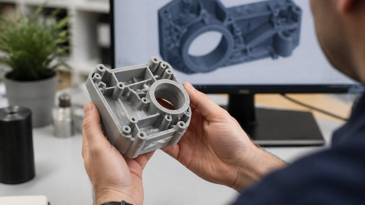 Professional holding a finished 3D printed prototype part showing fine detail and surface quality, with CAD design visible on a monitor in the background, natural studio lighting
