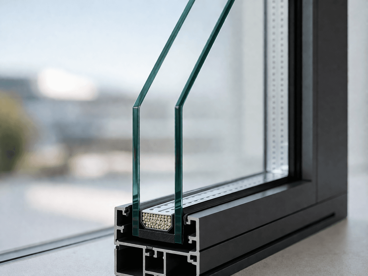 Spaccato tecnico di serramento in alluminio minimale con vetro doppio basso emissivo