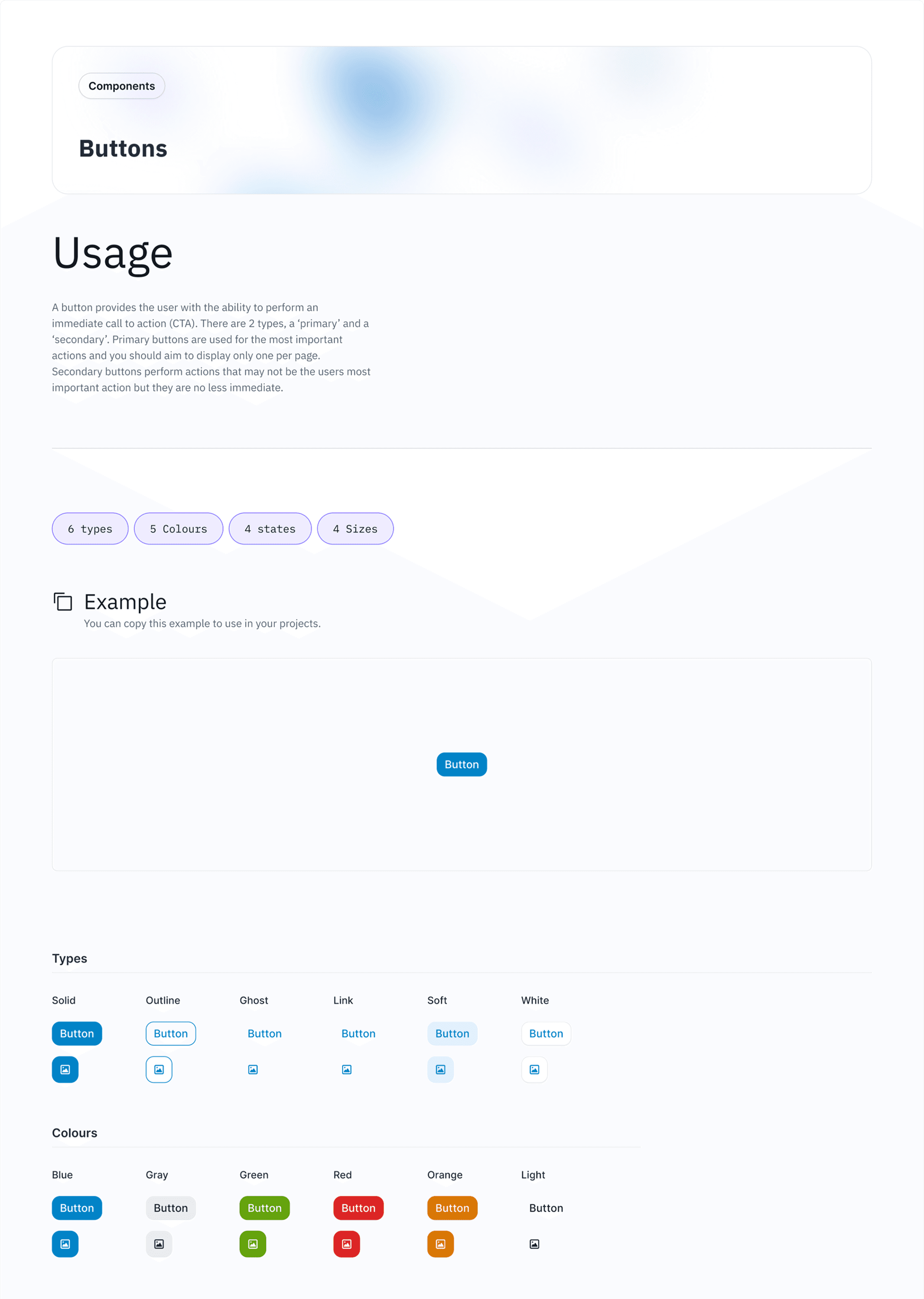 Aico design system documentation page for the Buttons component, showing a usage description, metadata tags for 6 types, 5 colours, 4 states, and 4 sizes, a live example canvas with a single primary button, a Types section displaying Solid, Outline, Ghost, Link, Soft, and White variants, and a Colours section showing Blue, Gray, Green, Red, Orange, and Light options