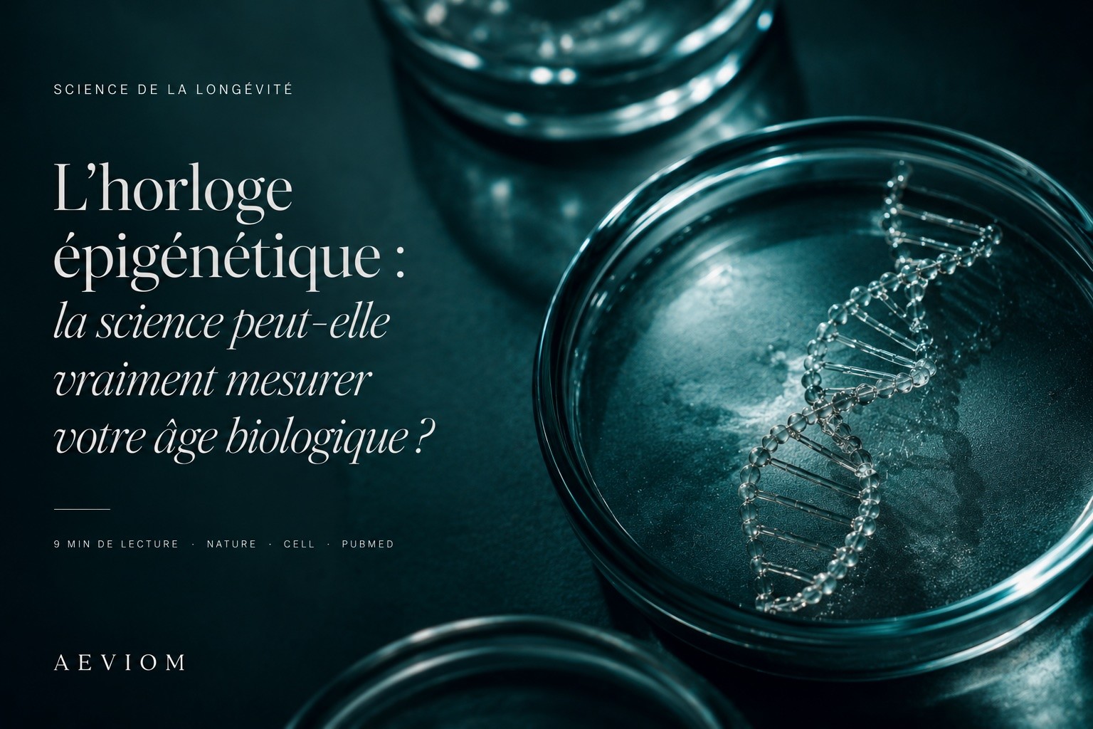 Visualisation de la méthylation de l'ADN, mécanisme central des horloges épigénétiques permettant de mesurer l'âge biologique réel d'un individu selon les travaux de Steve Horvath et la géroscience contemporaine.