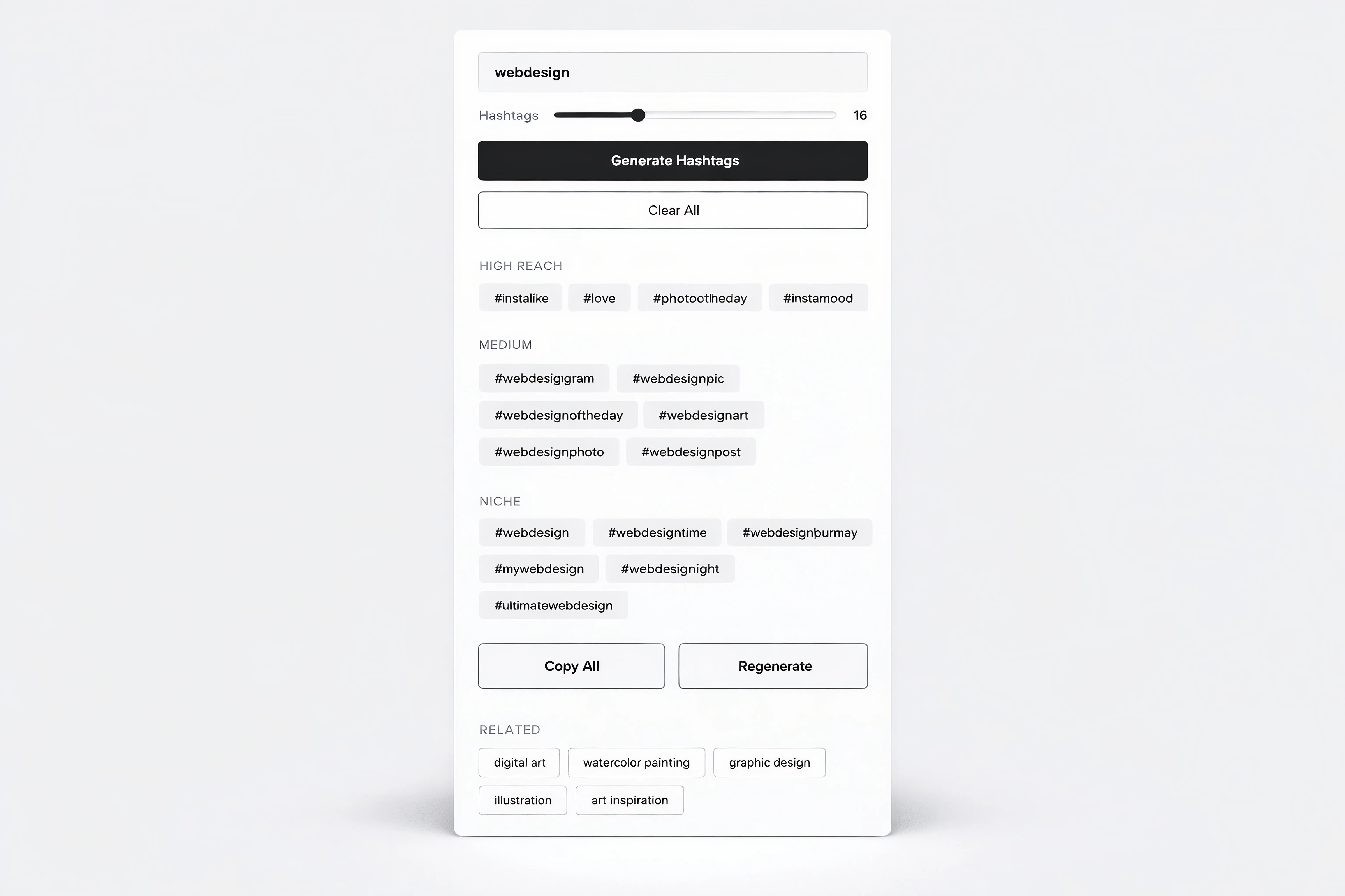 A hashtag generator component interface in light theme.