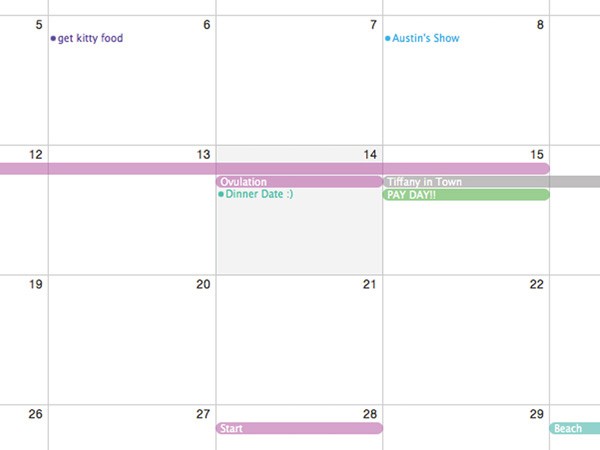A calendar page shows several colored horizontal bars representing different tasks. The top left bar is purple and says “get kitty food”. The next bar is light purple and says “Ovulation Dinner Date”. The next bar is light green and says “Tiffany in Town PAY DAY!!”. The next bar is gray and says “Start”. The next bar is light green and says “Beach”. The calendar page is blank except for the colored bars.