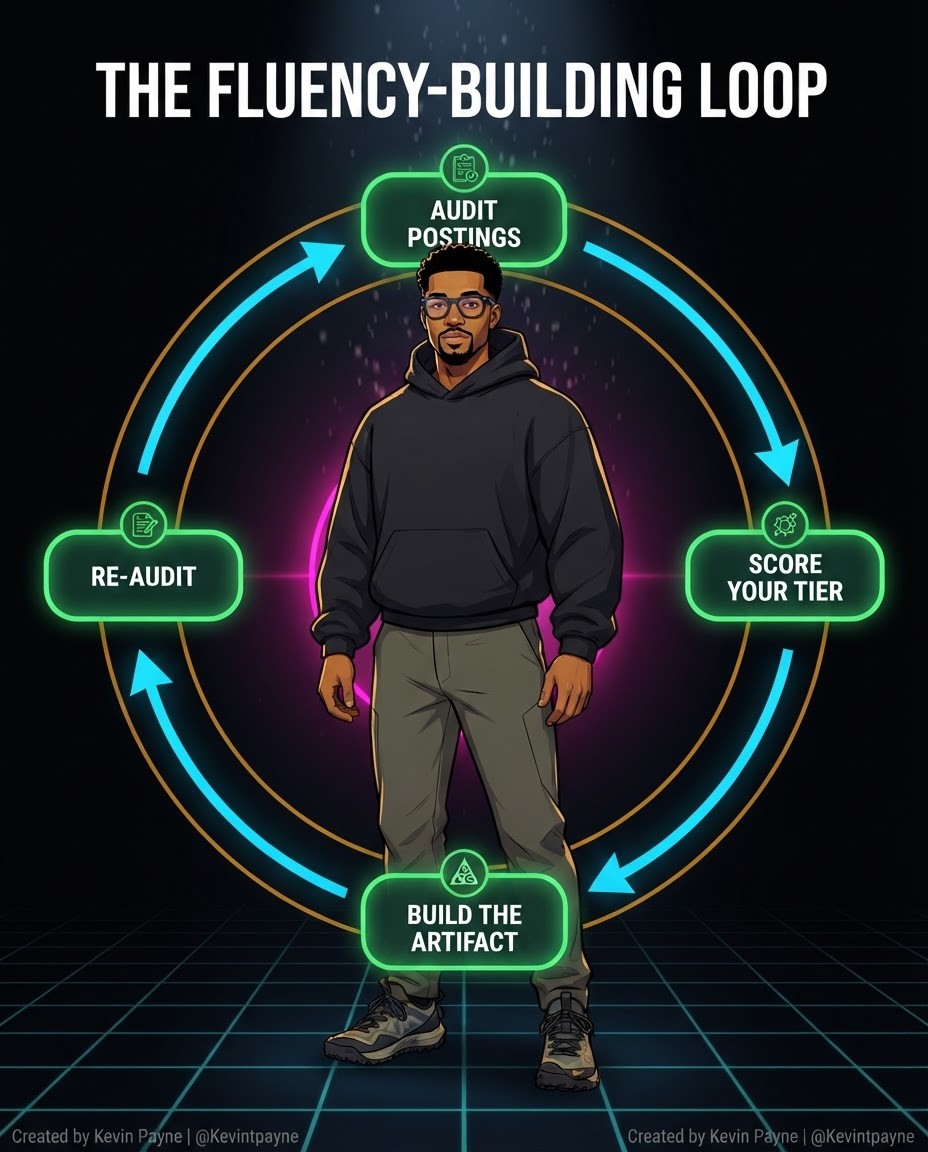 The fluency-building loop: audit postings, score your tier, build the artifact, re-audit