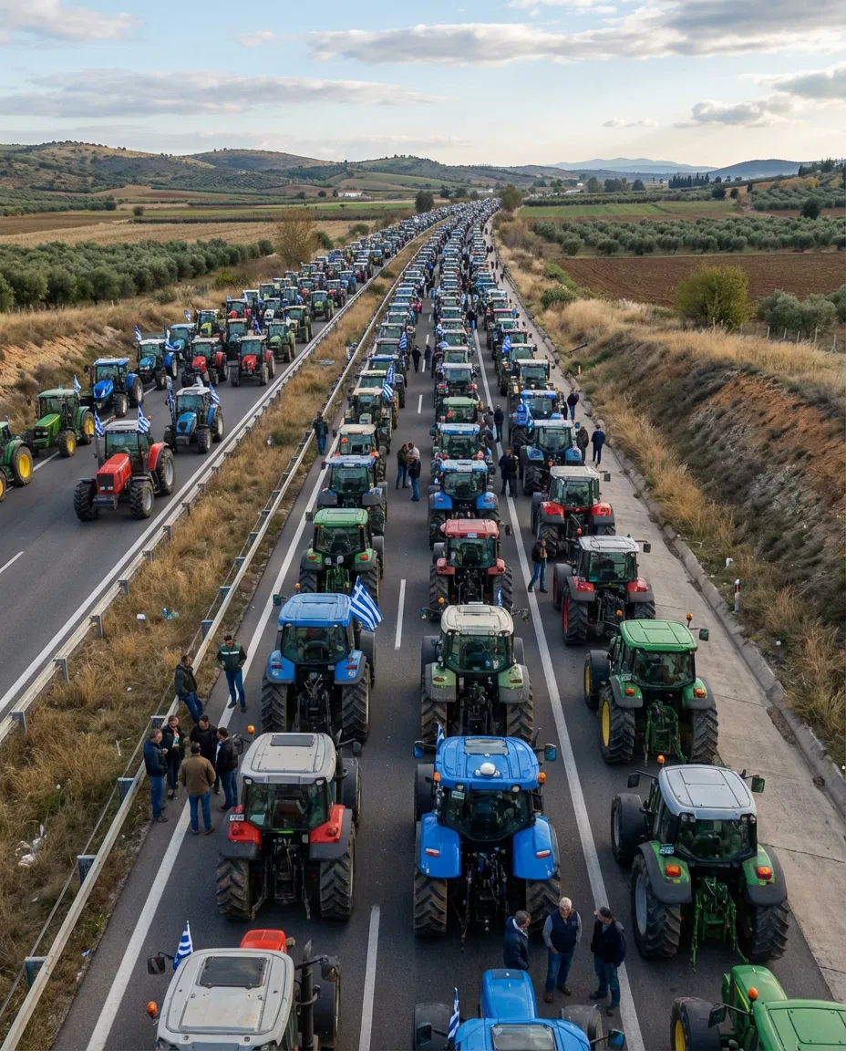 Greek farmers with tractors lined up during a highway roadblock demonstration.