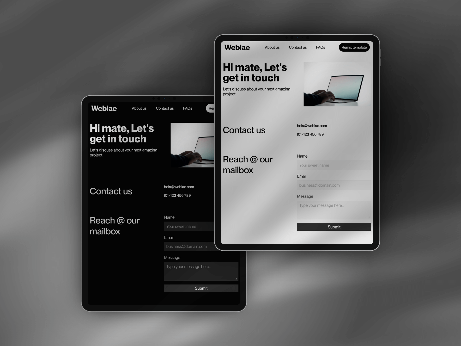 webiae, a dark and light themed website template made in framer. This is webiae contact us page mockup in a tablet
