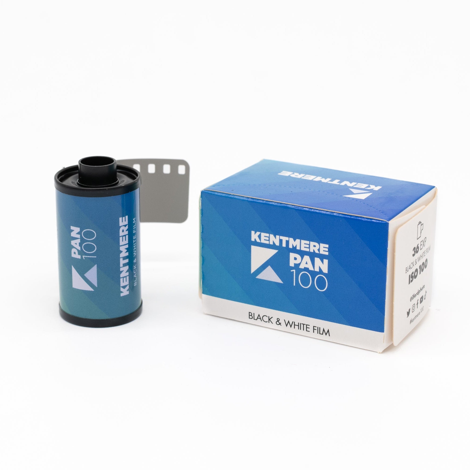 Kentmere Pan 100 black and white film canister and box