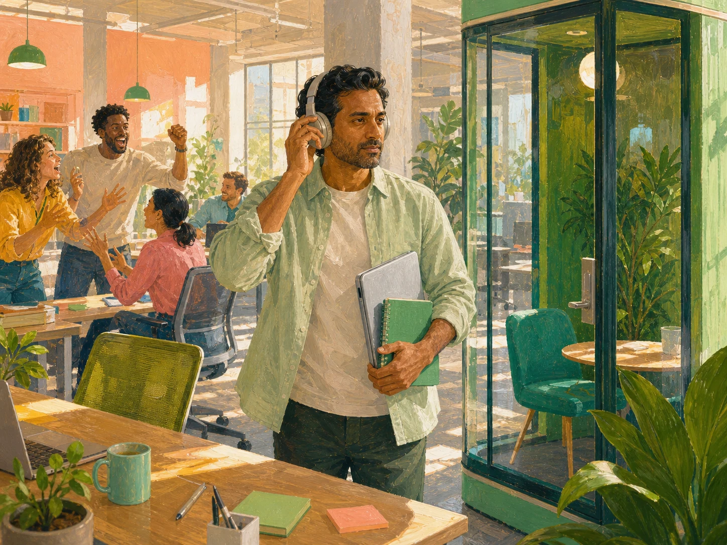 An office worker responds to a noisy interruption by moving toward a quiet booth with headphones.