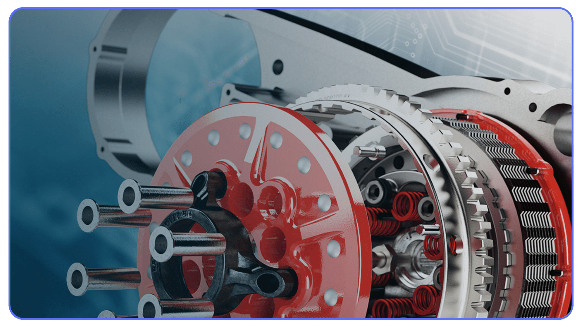 Detailed exploded view of a mechanical gearbox with gears, springs, and housings exposed.