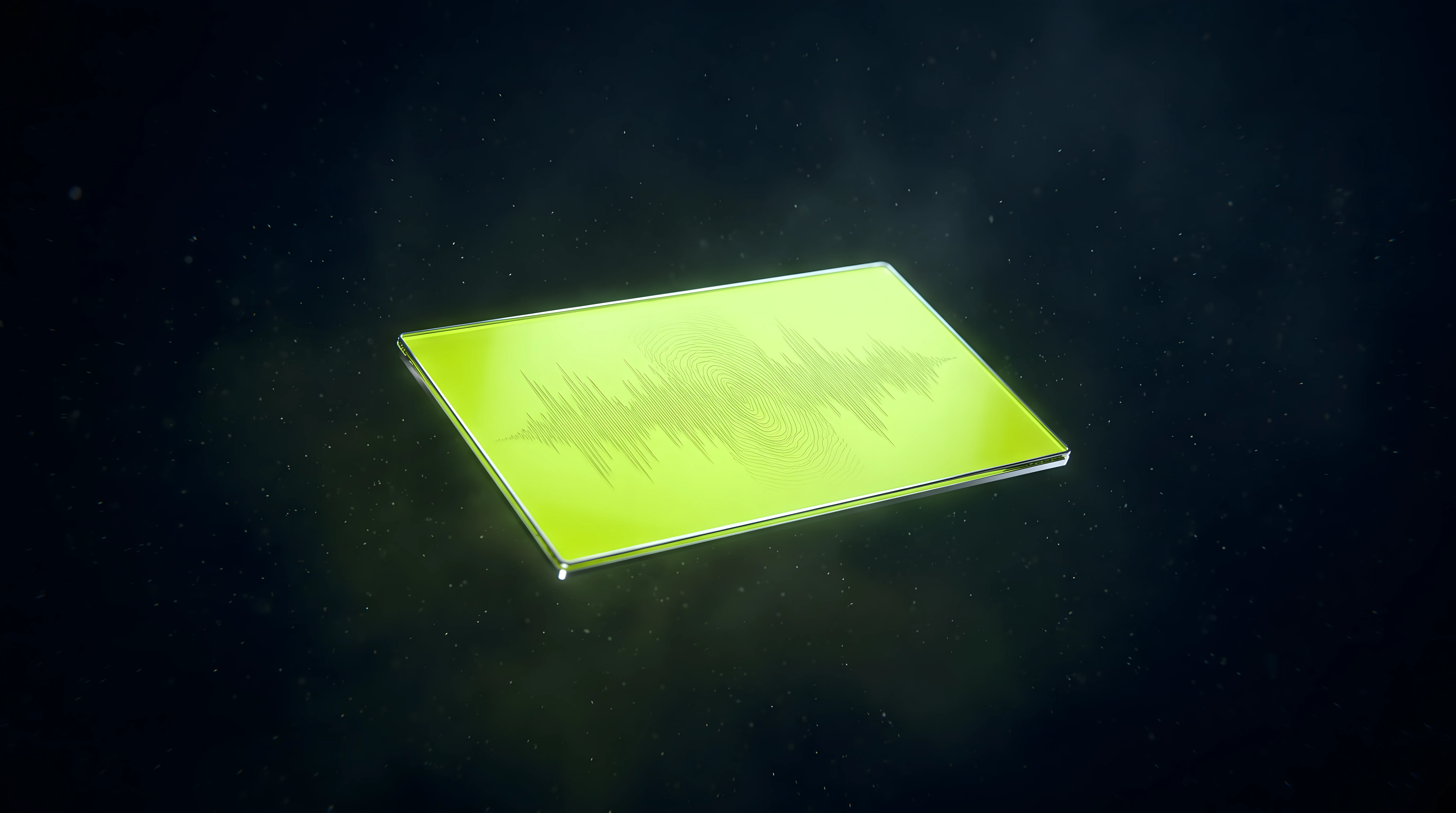 Bioluminescent Noir illustration of a single glowing toxic lime document panel holding a compressed waveform, floating alone in deep void black — the idea of a sound given a written shape.