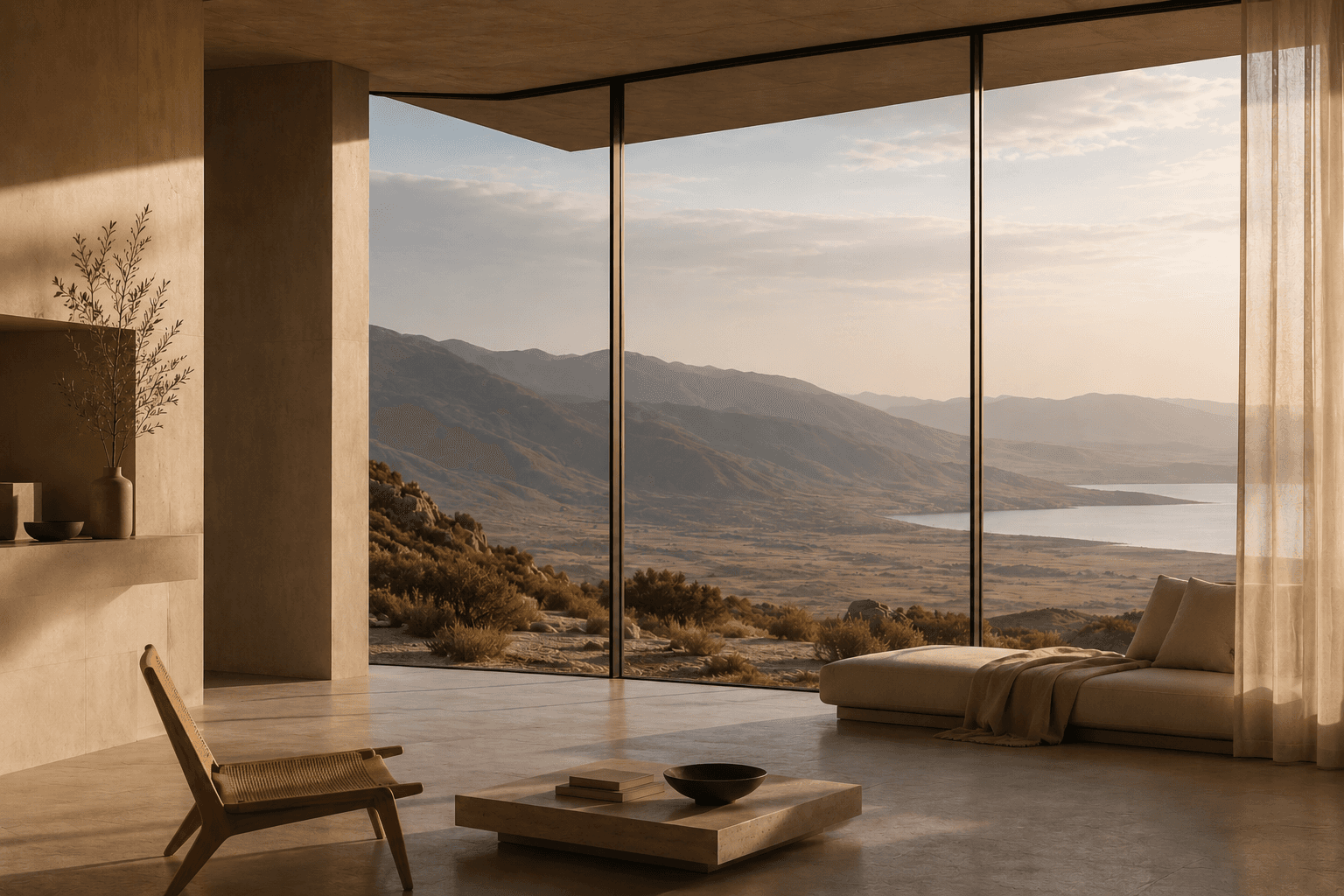 A minimalist white living room with modular seating and floor-to-ceiling windows overlooking a vast desert canyon.