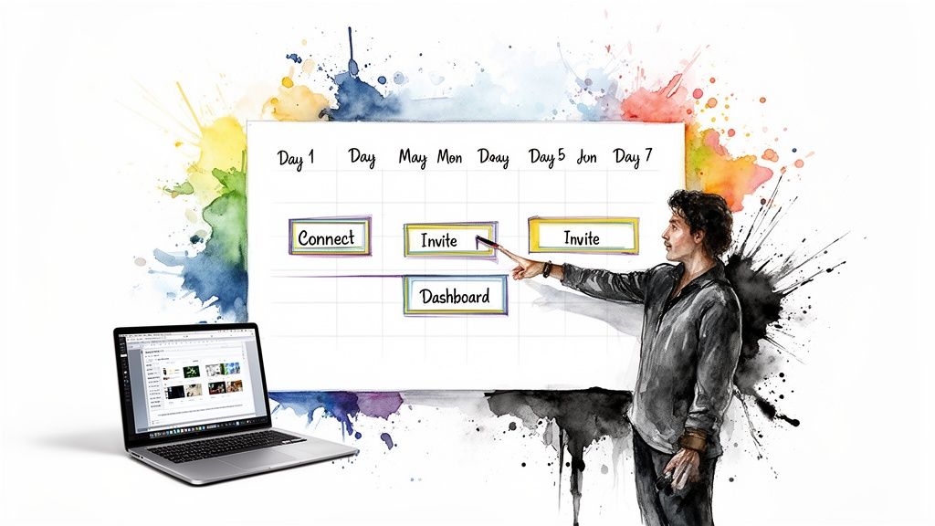 A man points at a project plan on a whiteboard, next to a laptop, with watercolor splashes.