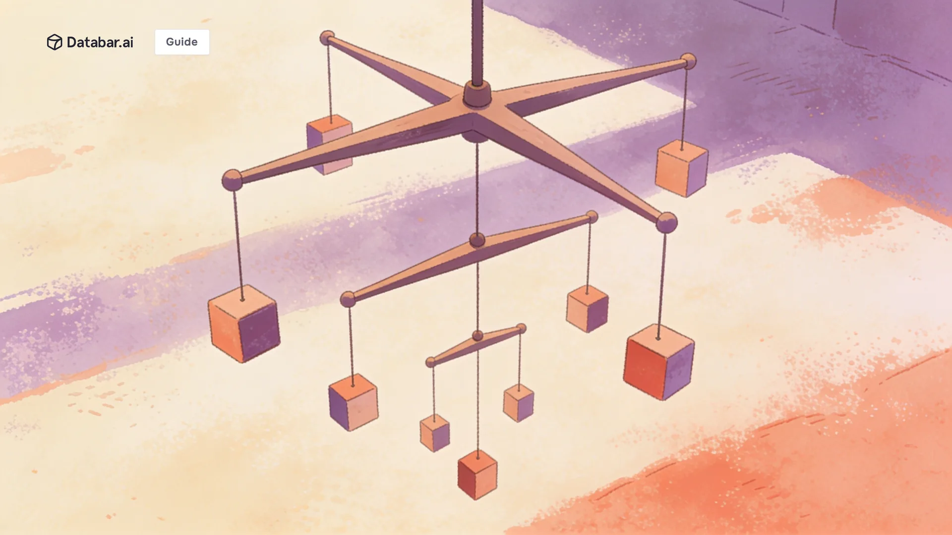 Illustration of a mobile of blocks hanging in branching tiers from one central beam — Company Hierarchy Data: Map Organizational Structures for ABM