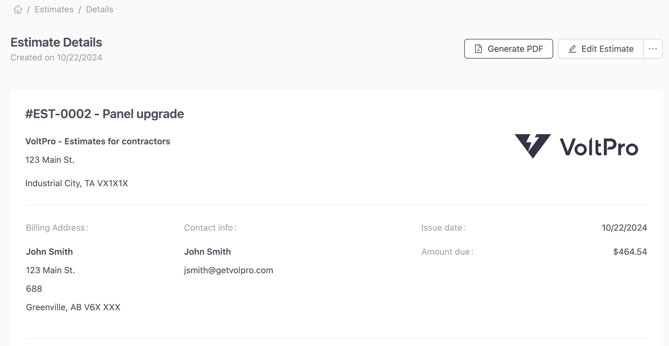 After creating or viewing an estimate, click the "Generate PDF" button.