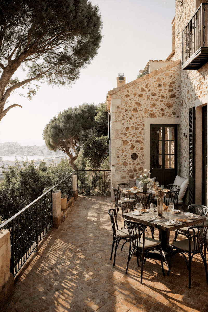 Sunlit terrace with rustic stone house and outdoor dining table overlooking trees and a distant coastal town