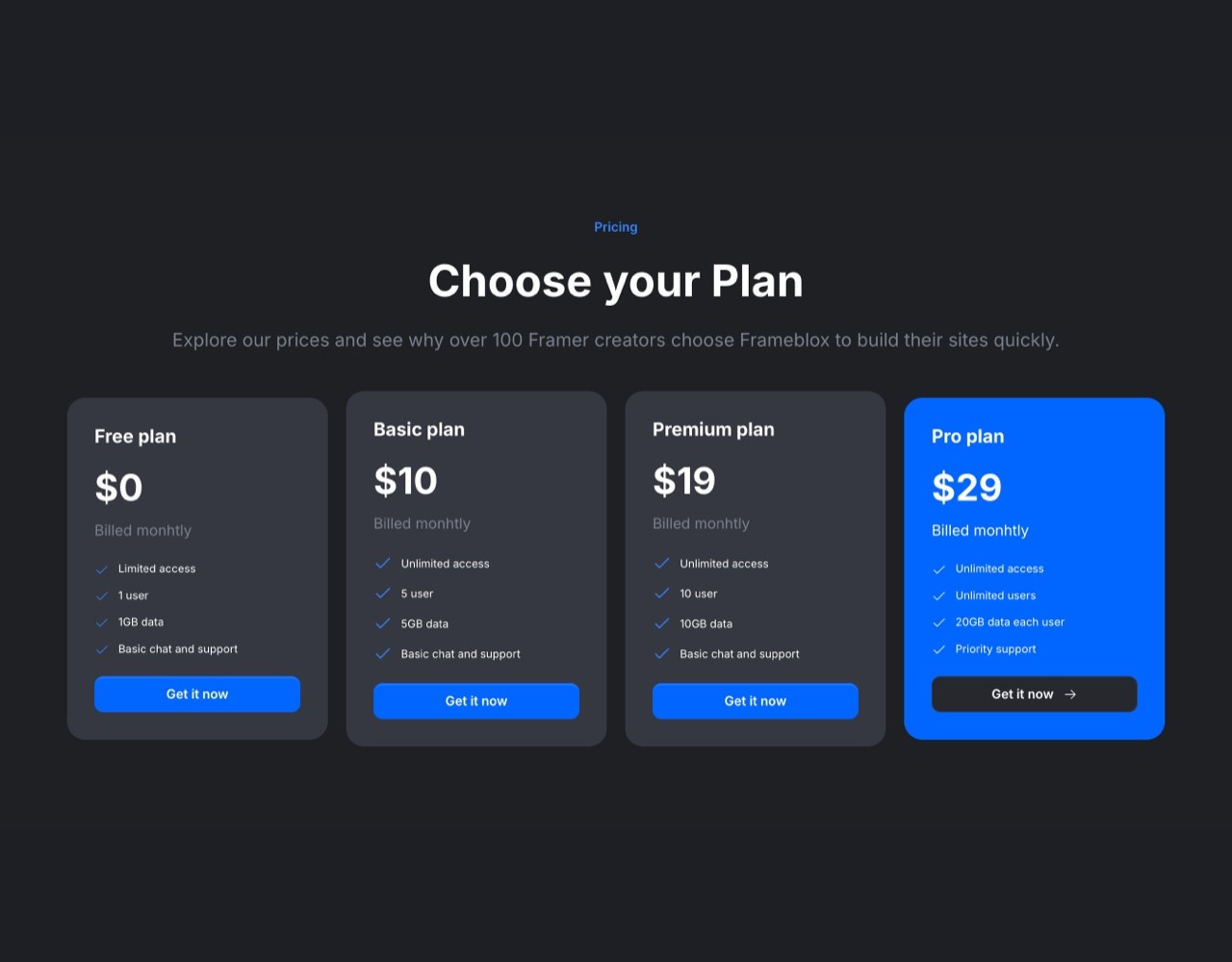 Framer Dark Pricing Section - Frameblox UI
