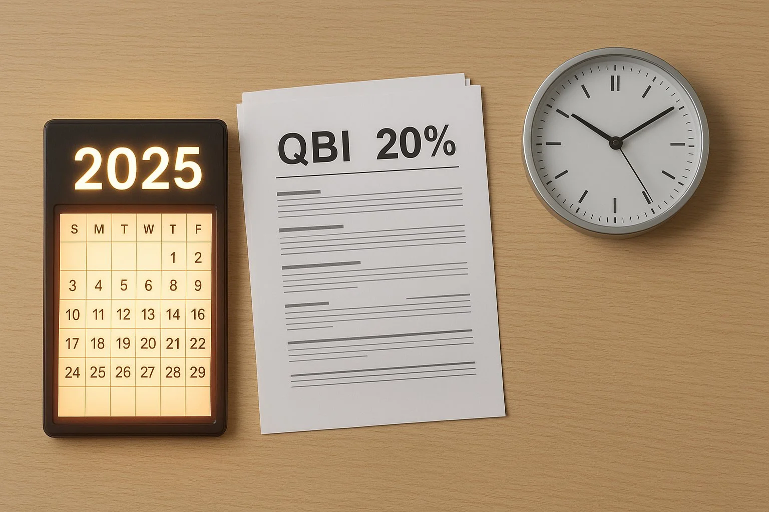 Glowing 2025 calendar beside tax papers and a clock, symbolizing the approaching deadline for the QBI deduction expiration.