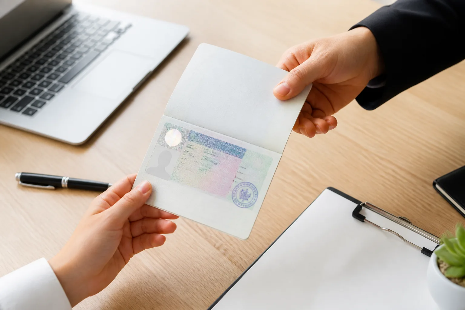 Getting Your First Employee Visa After Setup beside a passport, residence permit card and application