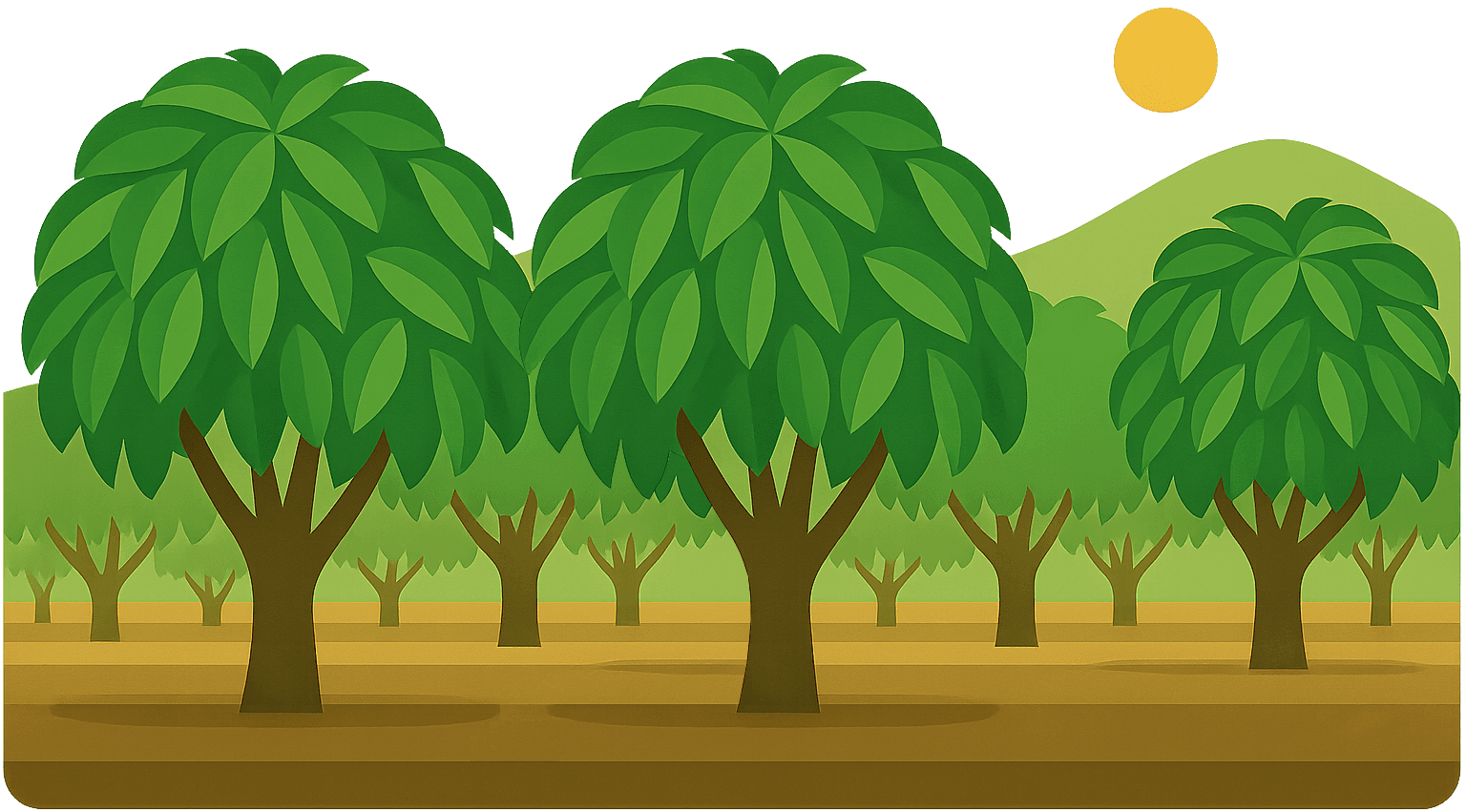 Mangoplantage mit Bäumen beim Anbau ohne Früchte
