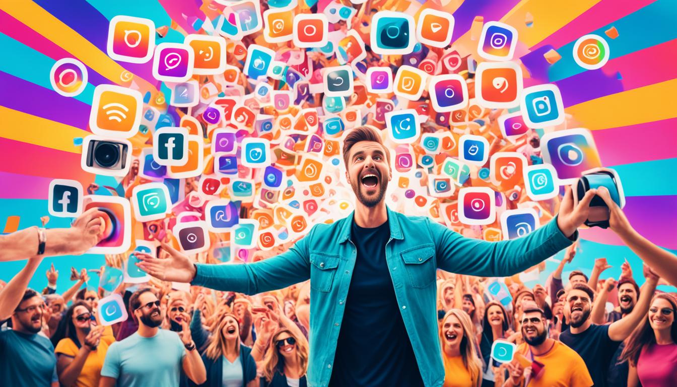 Visualize a person standing on top of an oversized Instagram Reel, holding a megaphone and surrounded by a crowd of people. The reel is spinning and the person is confidently communicating their Instagram Reels strategy to the attentive audience. The background is filled with vibrant colors and shapes, creating a dynamic and energetic atmosphere.