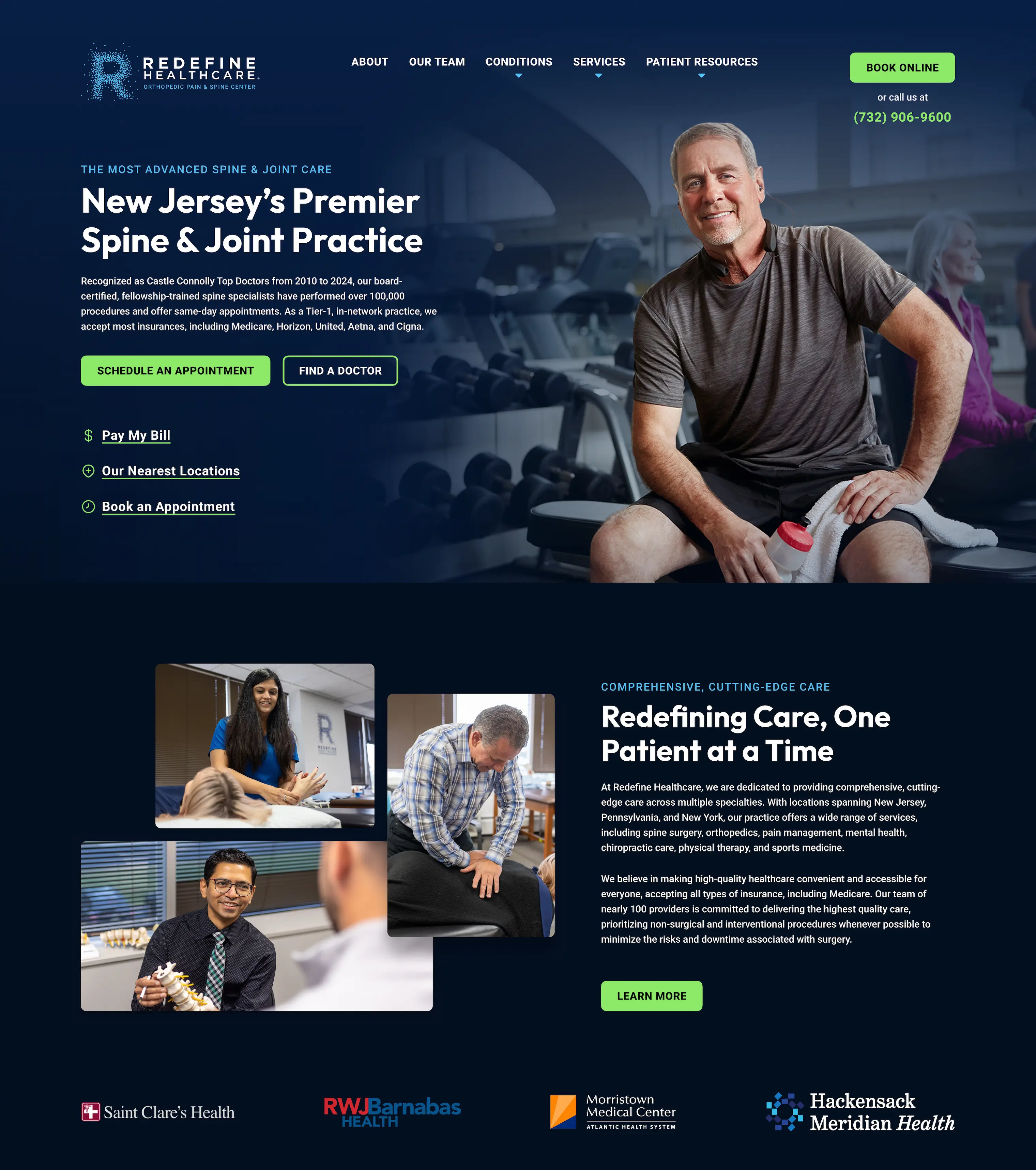 Website design for Redefine Healthcare — New Jersey spine and joint practice site with clinical photography, dark navy palette, and bold headline typography