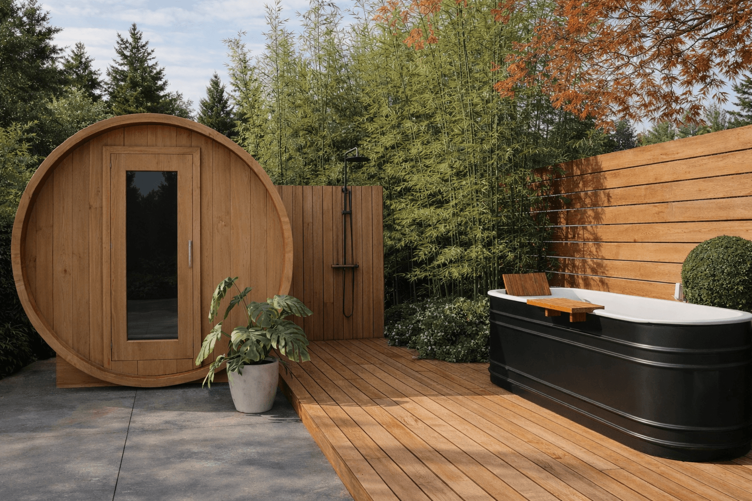 Cedar barrel sauna with outdoor cold plunge tub in landscaped backyard.