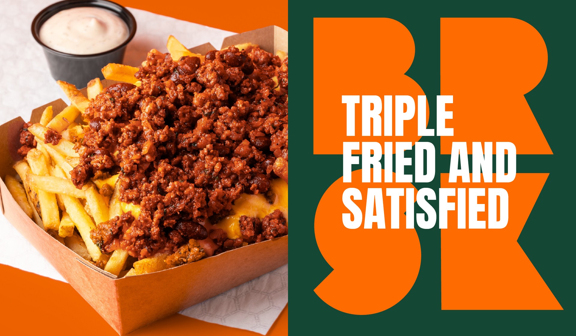 BRSK BY THE PIT, DUBAI, UAE, FASTFOOD CHAIN, BRSK LOGO, GREEN AND ORANGE, PICTURE OF TRIPLE LOADED FRIES, WITH BRSK LOGO