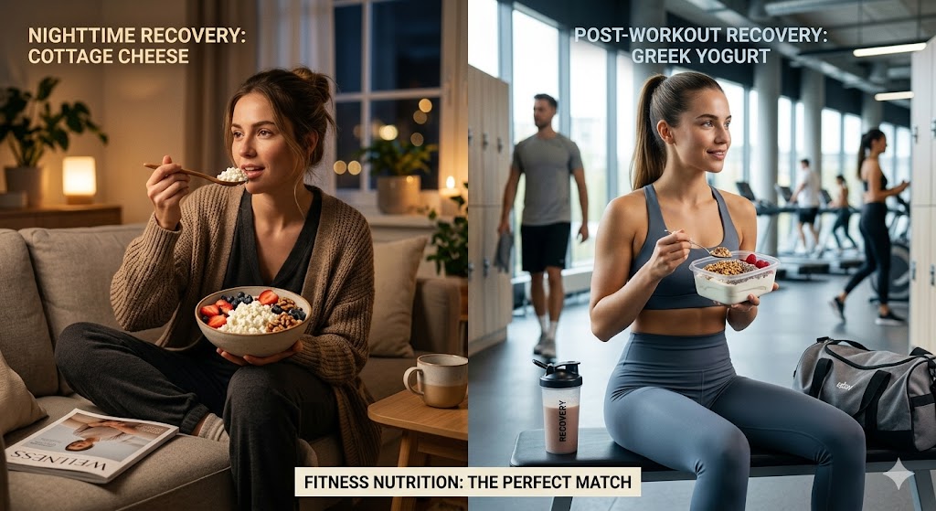 A split-screen comparison illustrating different nutrition timing strategies. The left panel shows a woman in cozy lighting eating cottage cheese as a "Nighttime Recovery" snack. The right panel features a woman in a gym eating Greek yogurt as a "Post-Workout Recovery" snack. The bottom of the image has text that reads "Fitness Nutrition: The Perfect Match".