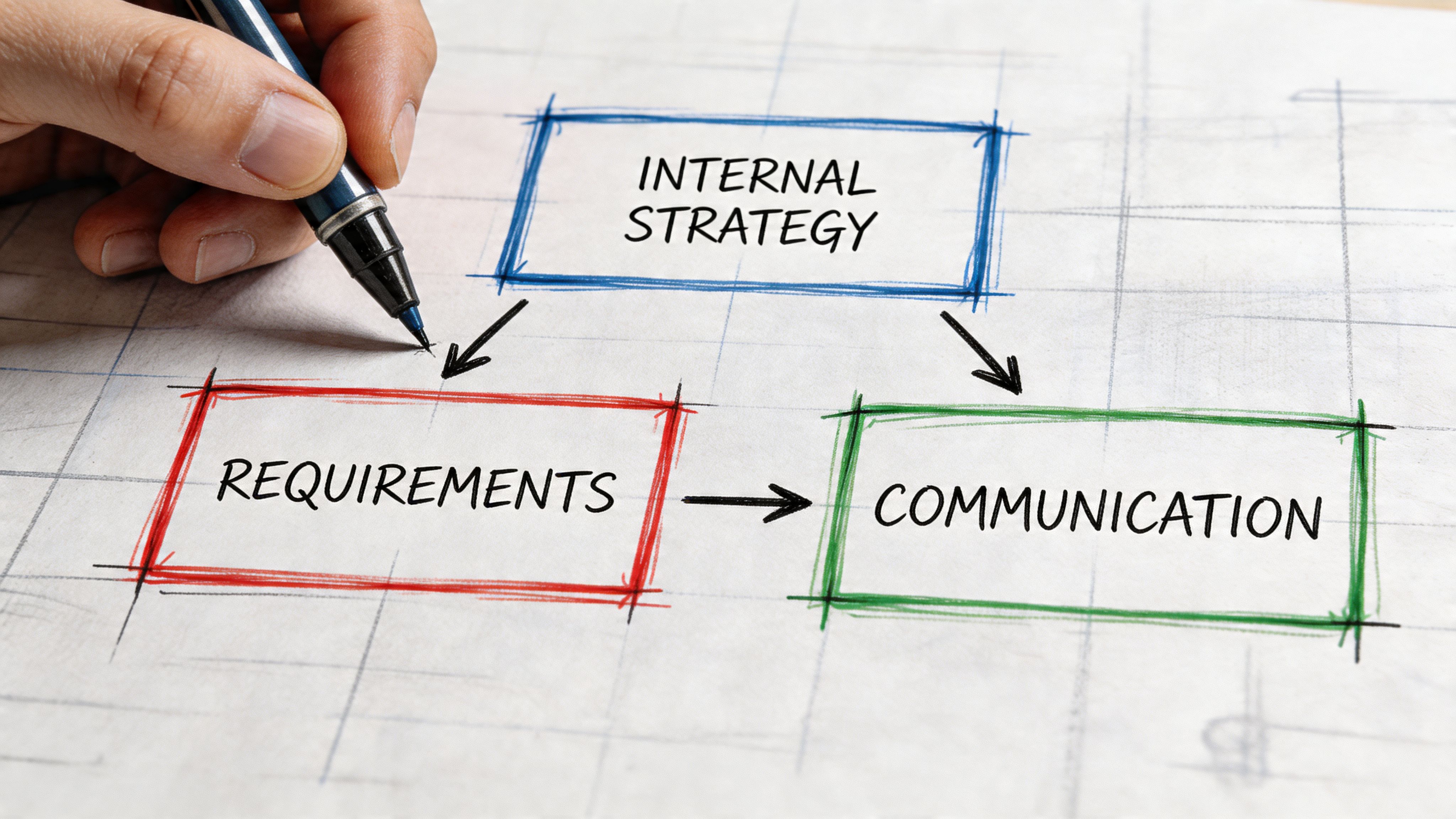 A hand drawing a flowchart on paper illustrating the connection between internal strategy, requirements, and communication.