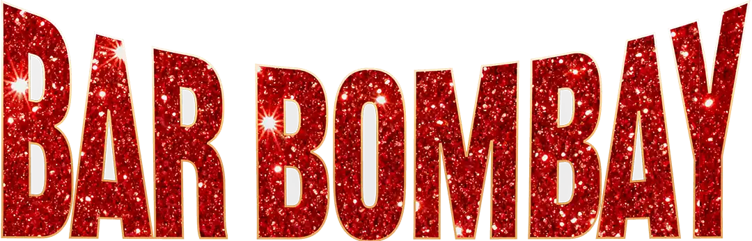 Red glittery text reads "BAR BOMBAY" in bold, uppercase letters, with a gold outline and sparkling highlights throughout the letters.