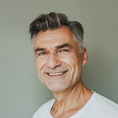 Mature man with gray hair smiling, natural light, landscaping client testimonial portrait