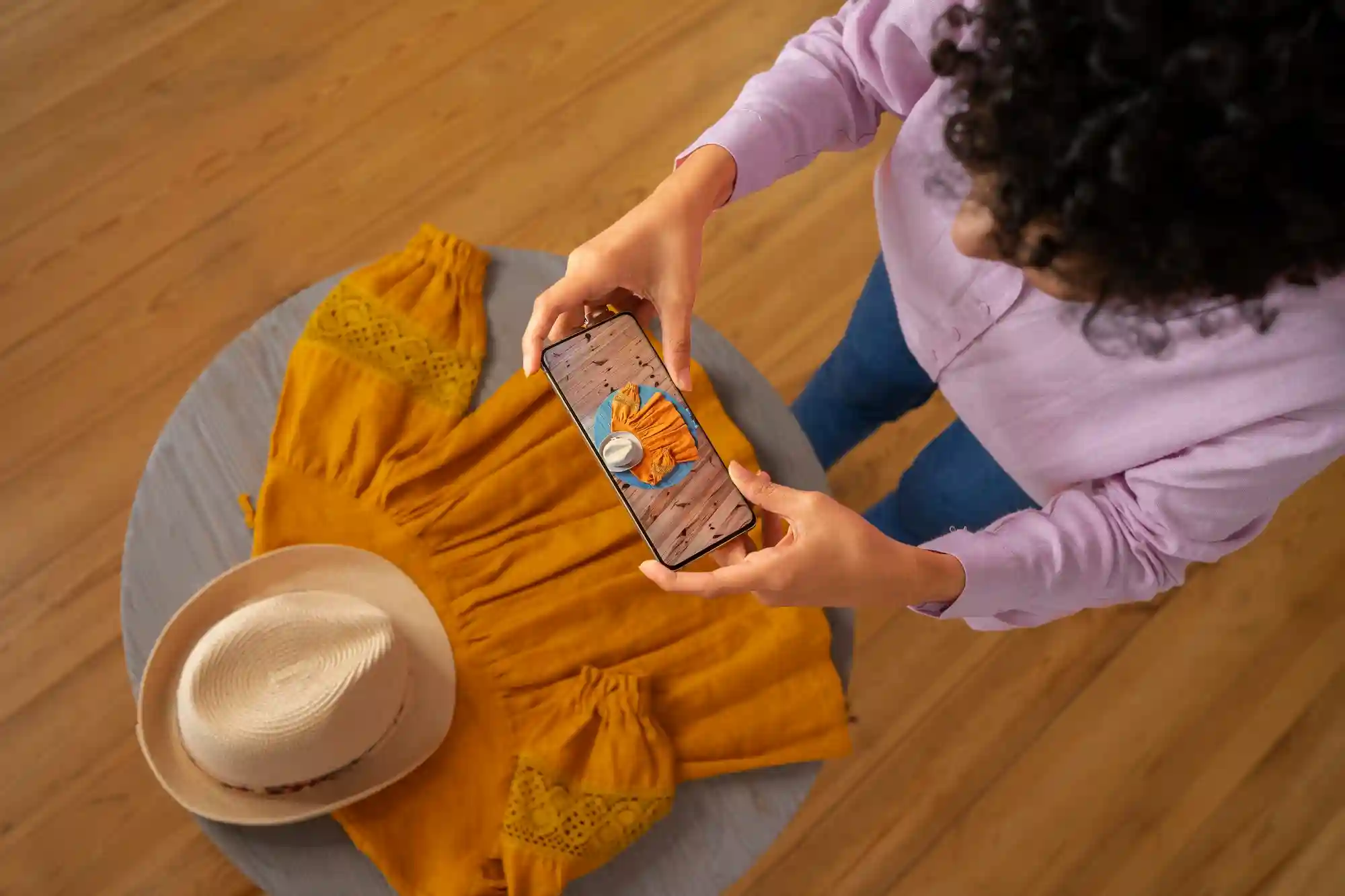 Top-down view of a person photographing fashion items, representing the intersection of digital style and cinema trends.