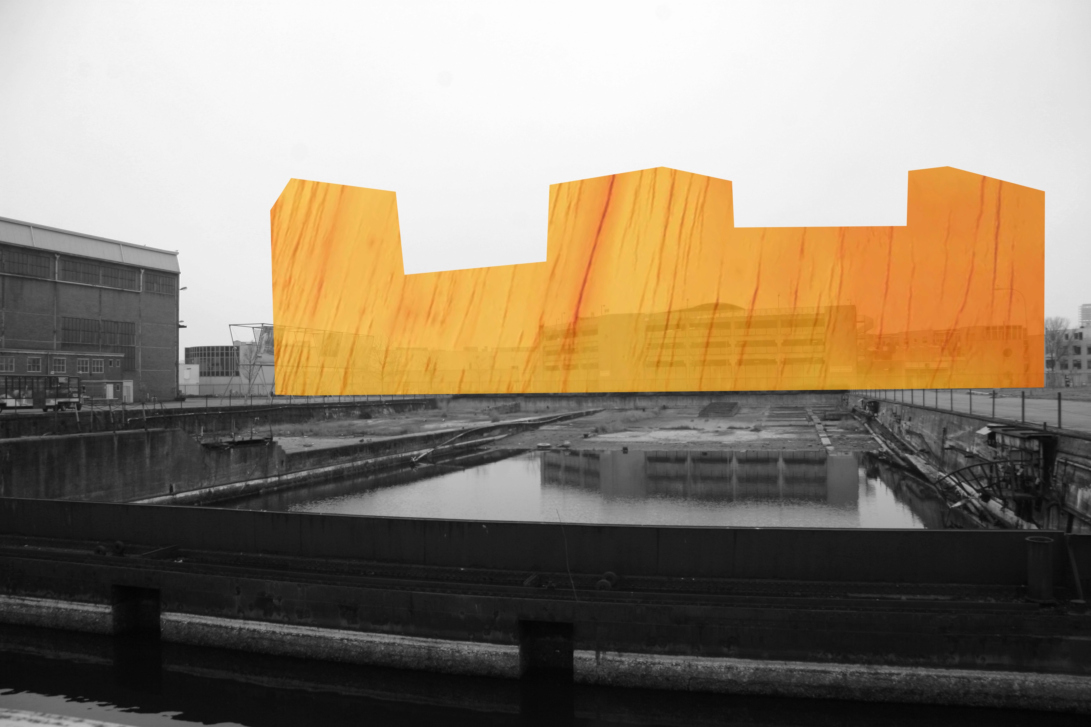 Conceptual visualization of a new building volume at the head of the dock, in the former De Schelde shipyard