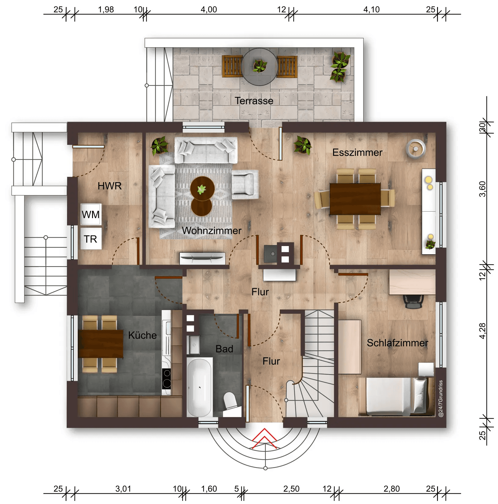 Grundriss des Erdgeschosses mit Wohnzimmer, Esszimmer, Küche, Bad, Hauswirtschaftsraum und Terrasse in Gronau
