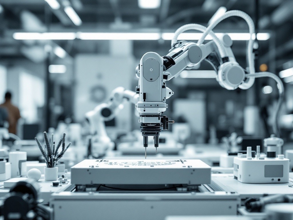 A robotic arm is working on a circuit board.