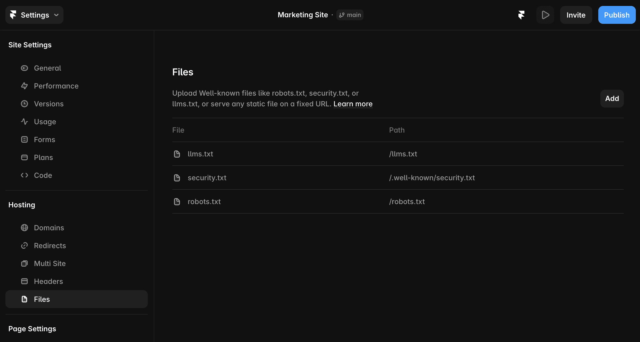 Site Settings → Hosting → Files showing static files including llms.txt, security.txt, and robots.txt.