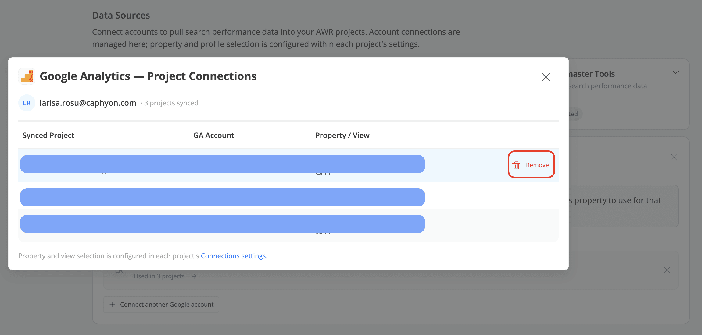 how-do-disconect-a-google-analytics-account-from-each-project-in-awr