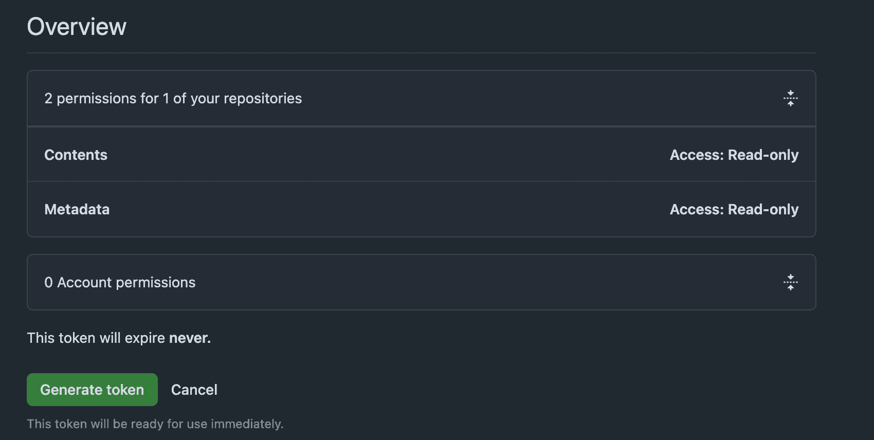 This image displays that we only have 2 permissions selected, contents and metatada, both in read-only access