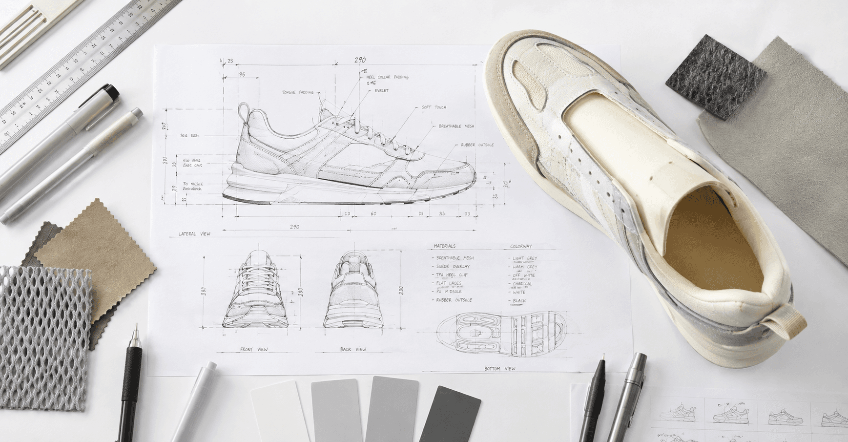 A flat lay image showing a detailed technical shoe drawing with measurements and construction annotations next to an unfinished shoe prototype, surrounded by pens, a ruler, and material swatches, representing the footwear tech pack development process.