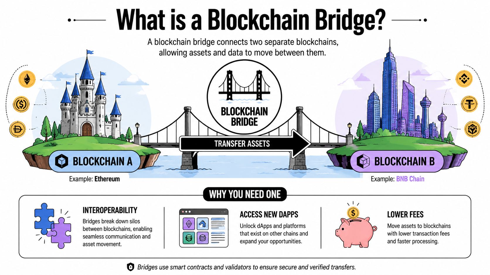 An infographic illustrating how a blockchain bridge connects two separate networks to transfer digital assets and data.