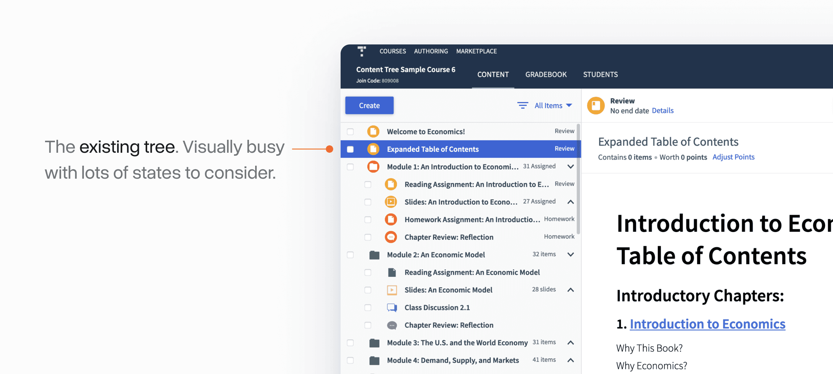 Legacy course content tree interface with a dense list of modules and items, annotated to highlight visual clutter and numerous overlapping states.