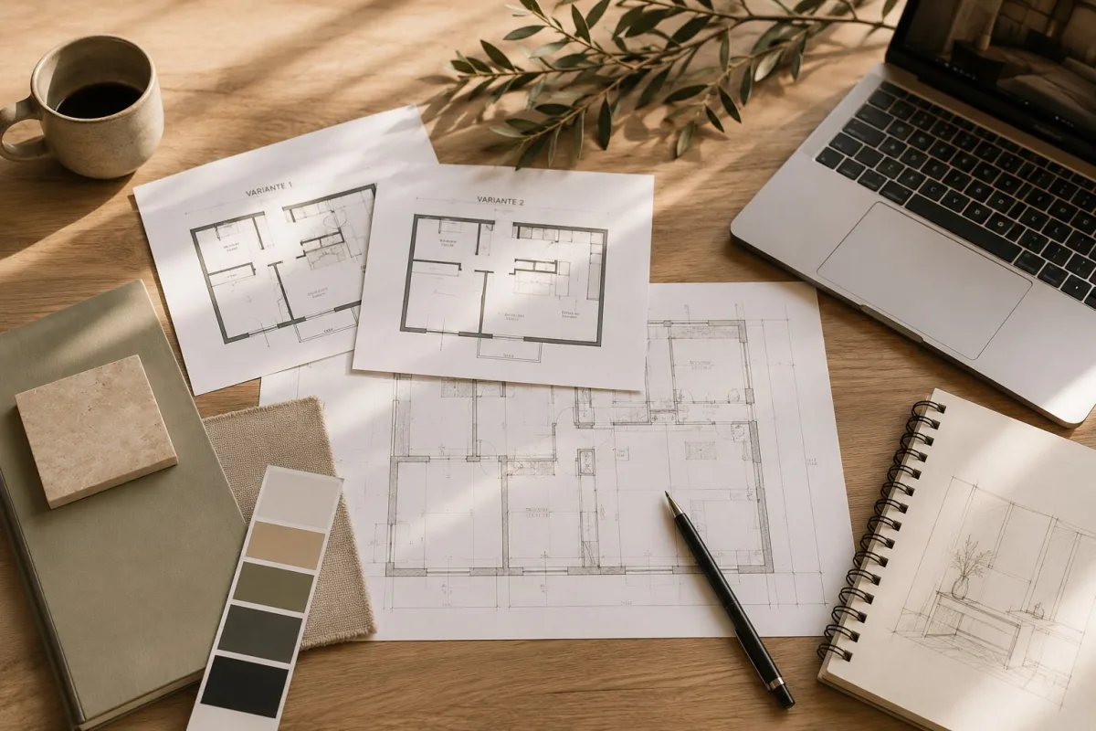 Exploration de variantes de plans pour un projet de rénovation intérieure, nuancier couleurs, croquis d'espace et plans cotés sur bureau