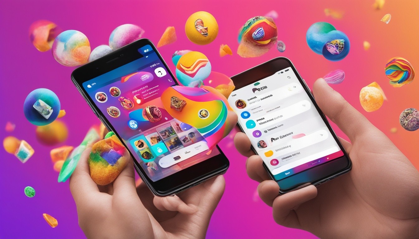 A colorful array of Instagram Story stickers, including polls, questions, emojis, and GIFs, floating above a smartphone screen. A user's finger taps and swipes through the options, selecting each one with excitement. The stickers are surrounded by a vibrant, dynamic background that reflects the user's personality and brand.