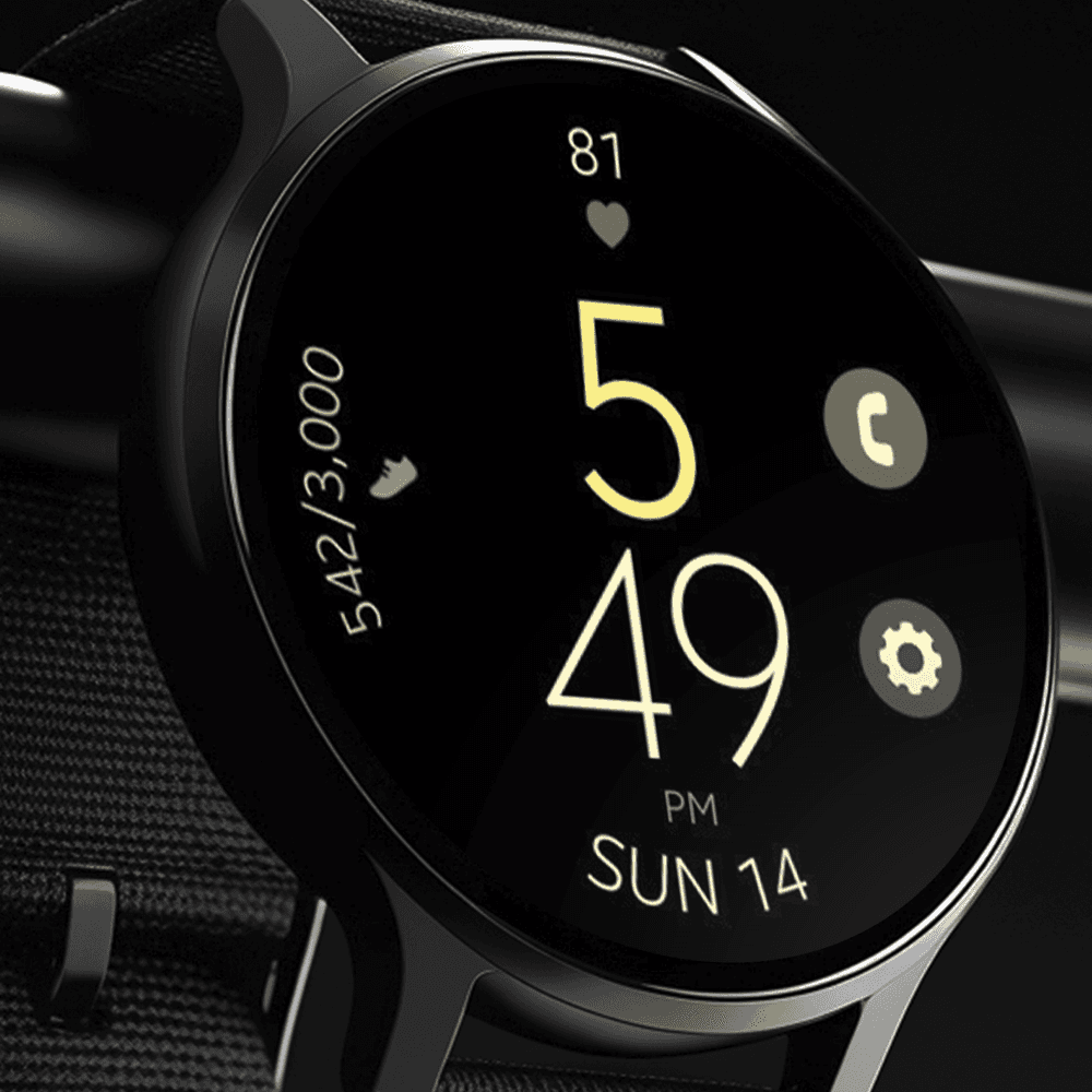 Modern Wear OS smartwatch displaying a digital watch face