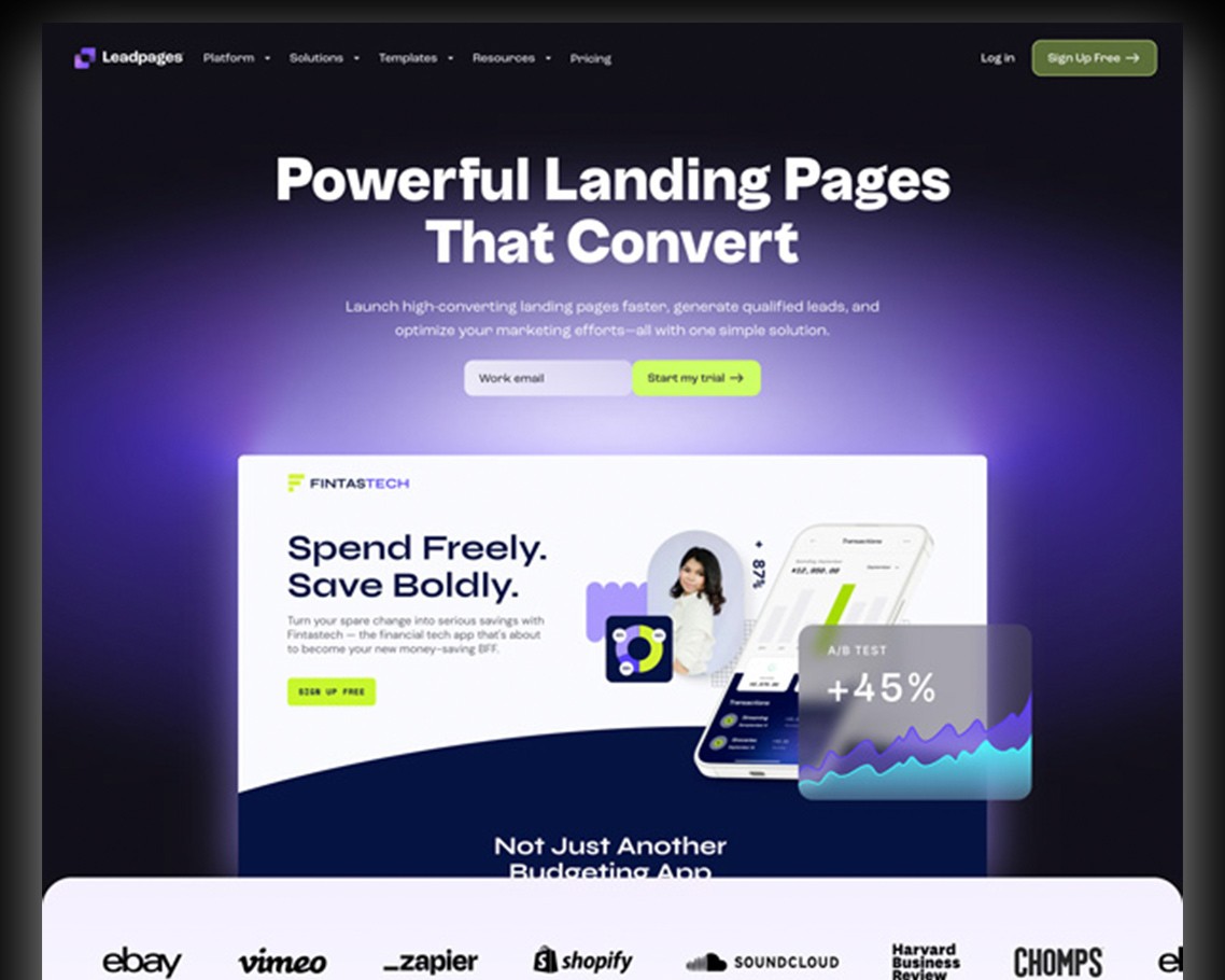 Image of Leadpages home page after redesign