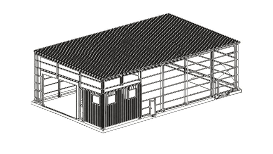 Technical line drawing of a custom steel industrial building