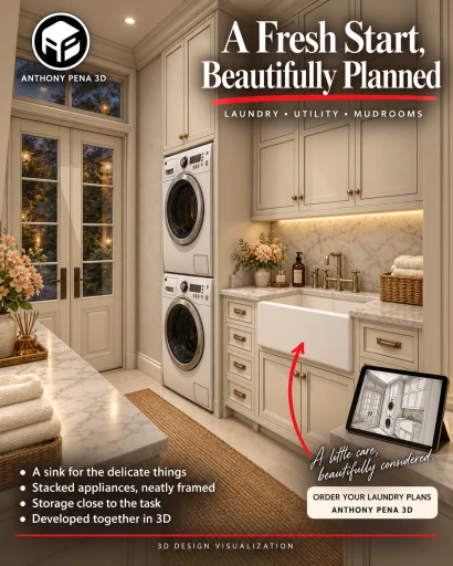 Concept cover of stacked laundry appliances beside an apron sink, drawers and tall cream cupboards.