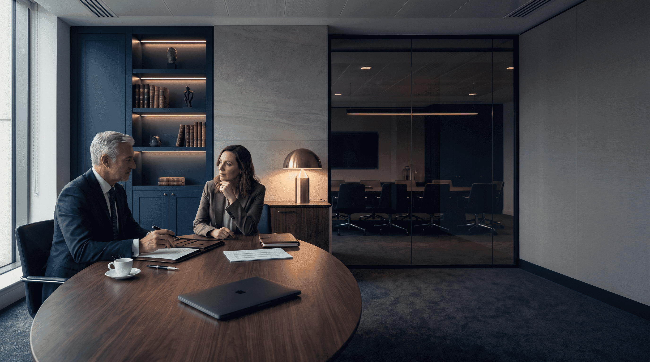 Executive adviser conducting a monthly commercial review with leadership documents in a premium private office.