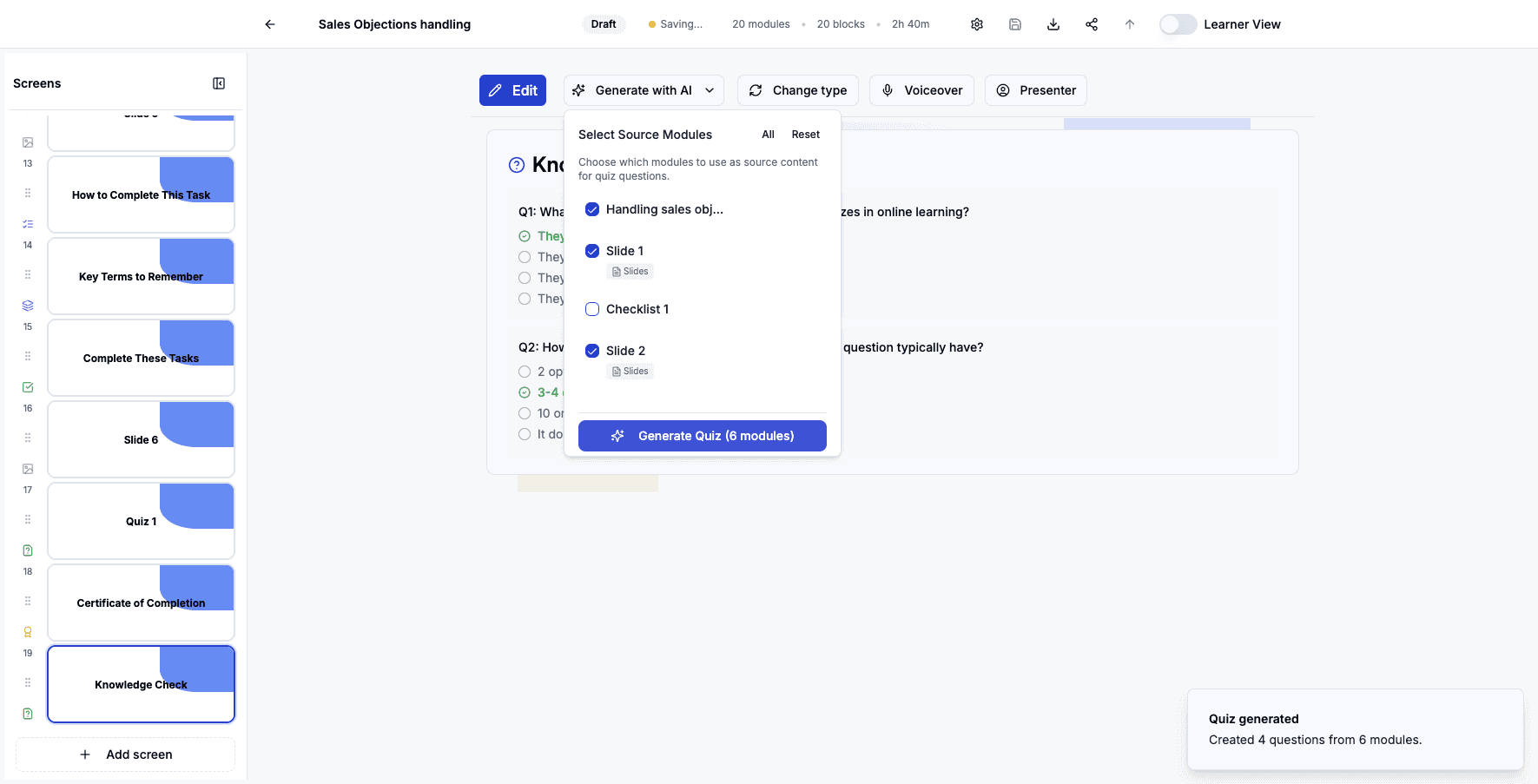 Click 'Generate Quiz (6 modules)' to create additional questions from your selected content.